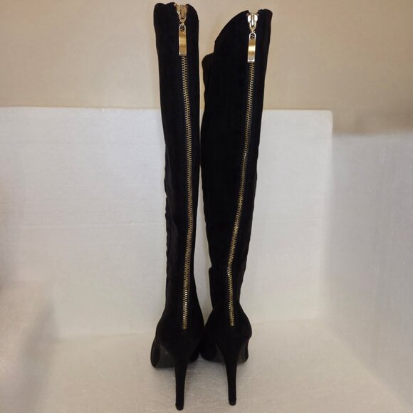 Forever 21 Women’s Black Faux Suede Knee High Stiletto Heel Gold Zip Boots - 9 - Picture 4 of 12